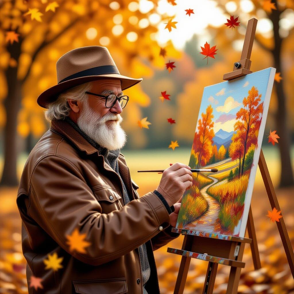 Elderly Man Paints Autumn Scene Outdoors