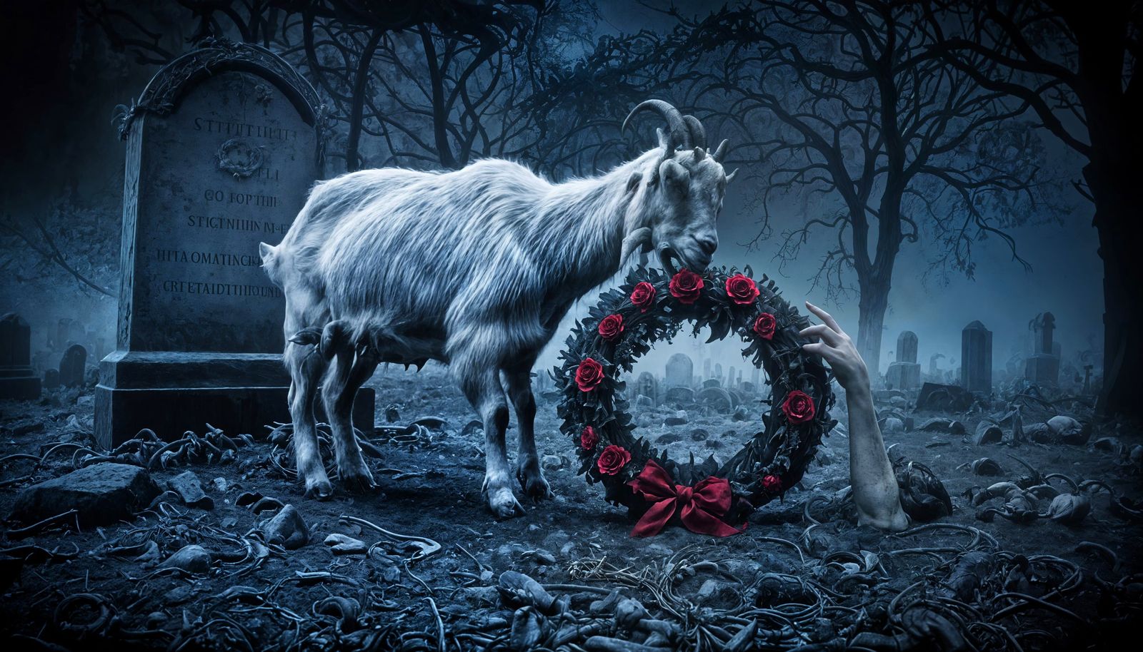 Grimdark Goat Desecrates Fresh Grave in the Fog