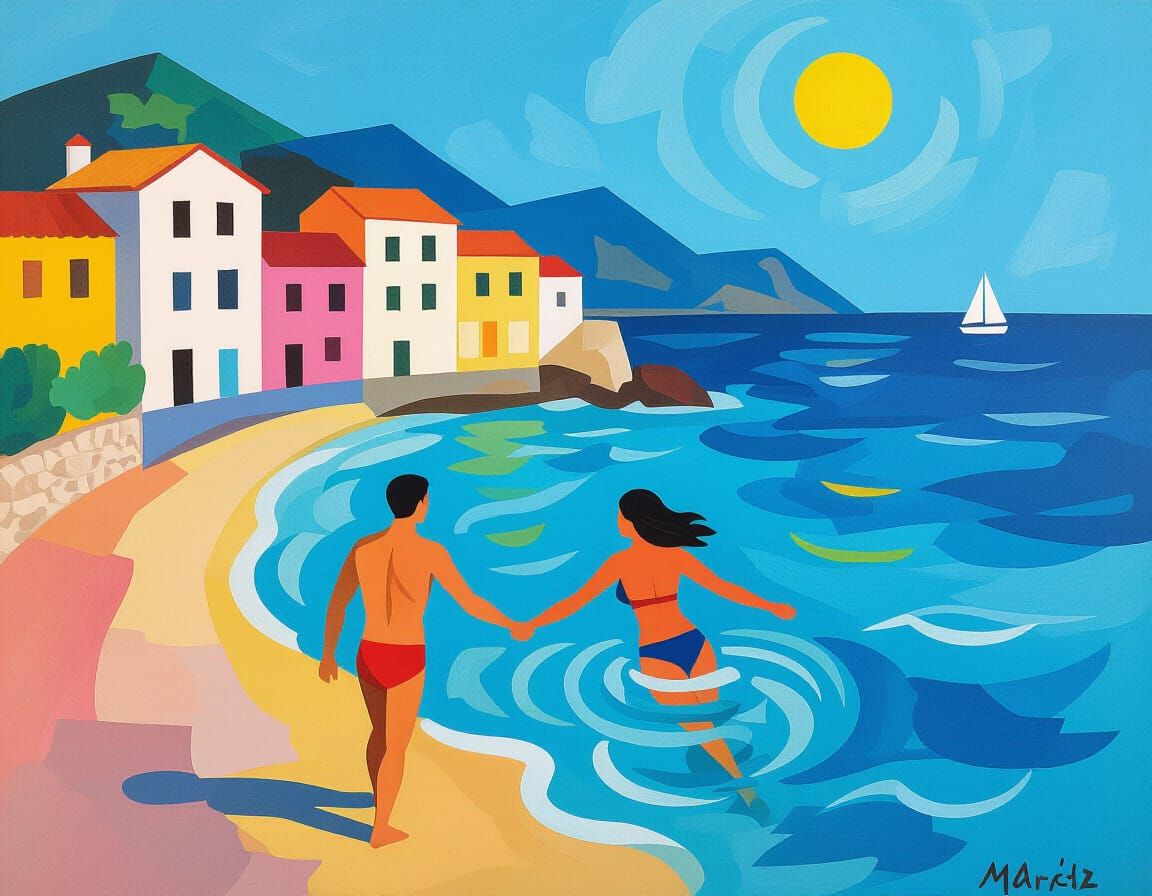 Couple Swimming in Mediterranean Sea in Miró Style
