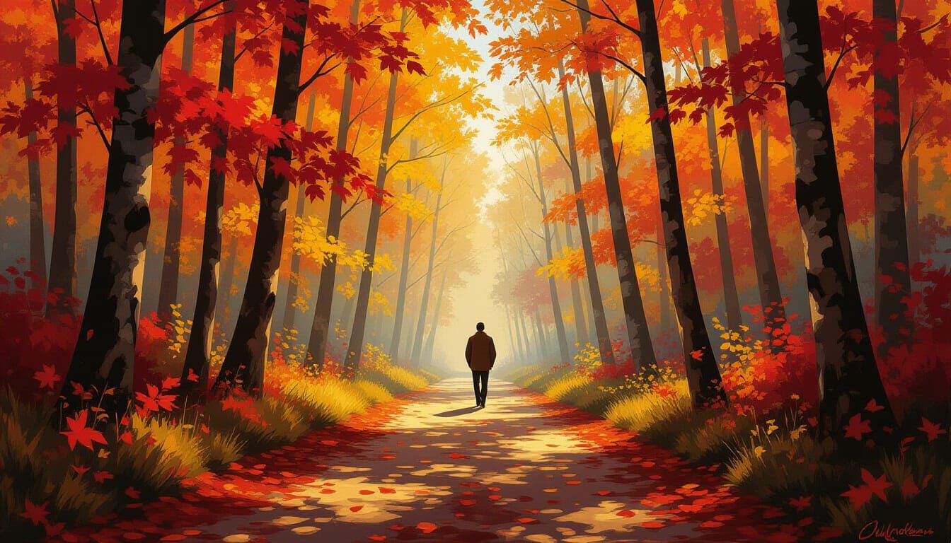 Impressionistic Oil Painting of Autumn Forest Path