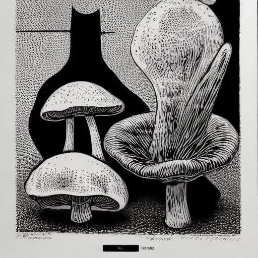 Mushrooms in Glass Case: Black and White Linocut