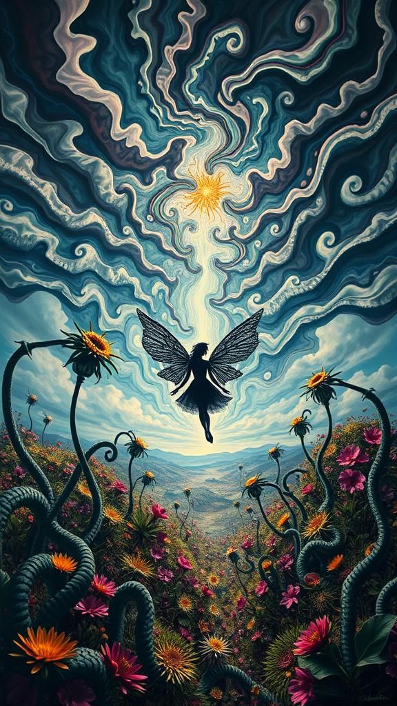 Surreal Landscape with Goth Fairy in Vortex