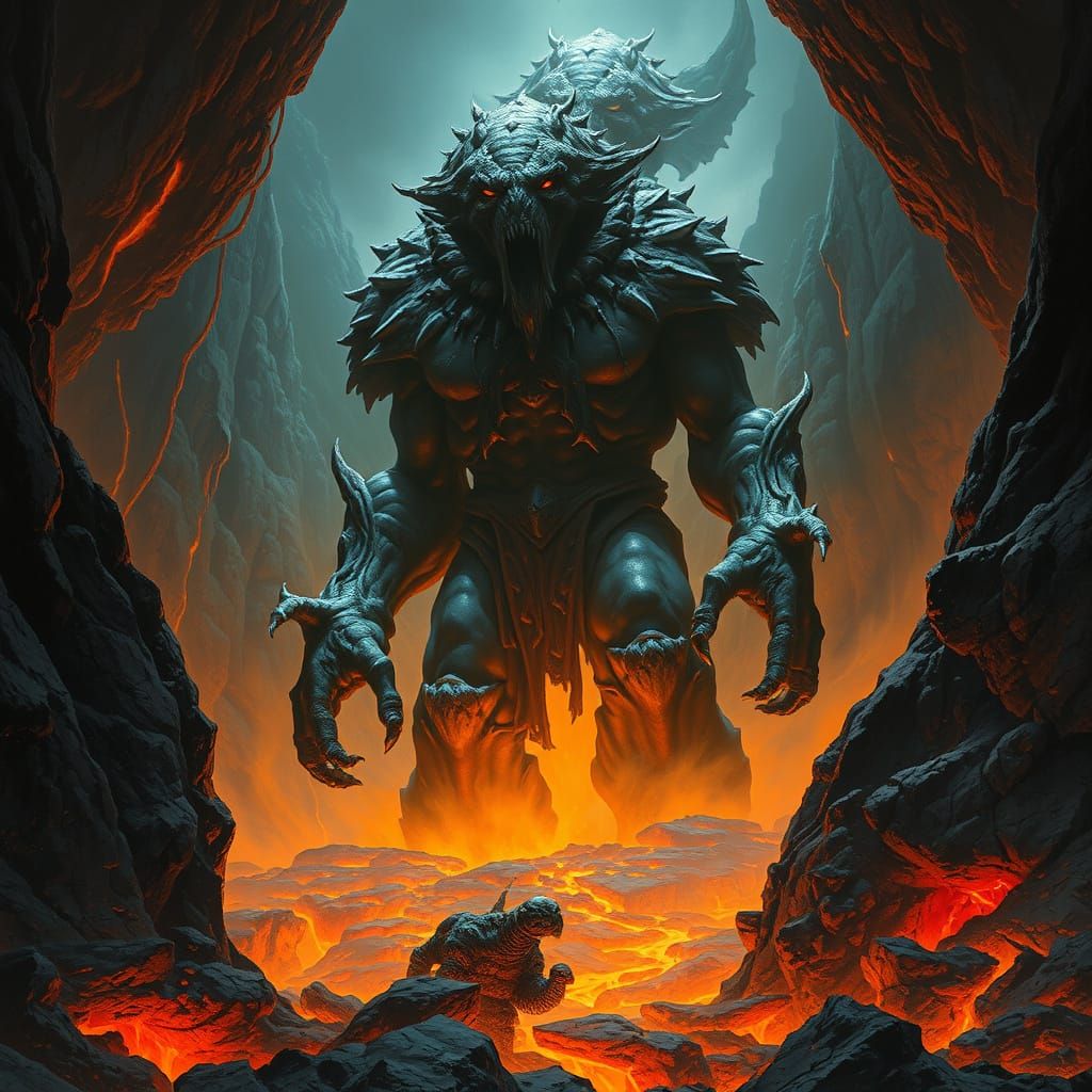 Dark Fantasy Obsidian Golem Rises from Volcanic Caldera