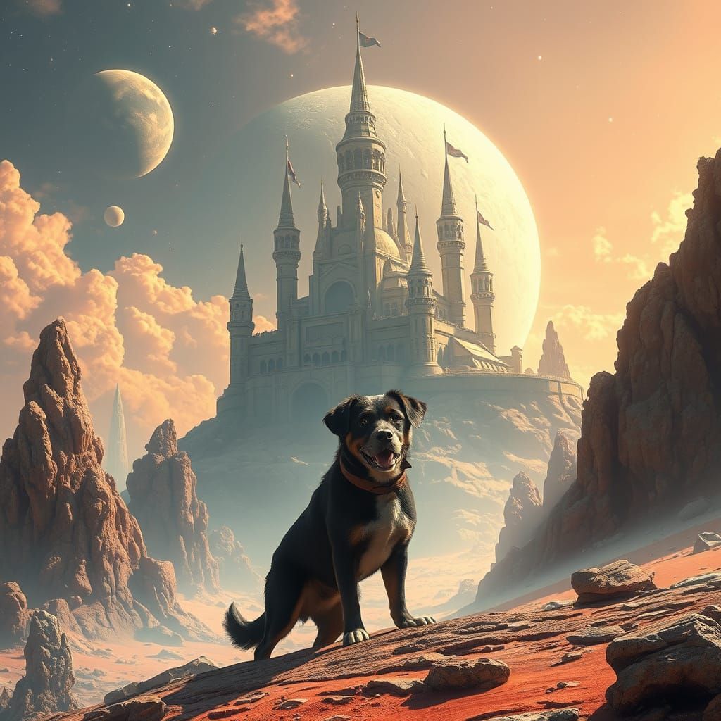 Surreal Distant Planet Castle with Loyal Canine Companion