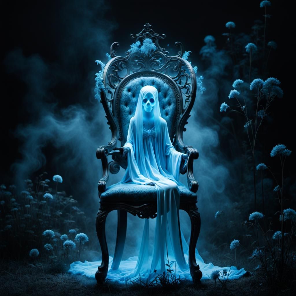 Neon Blue Ghost in Haunted Garden, Cinematic Photo