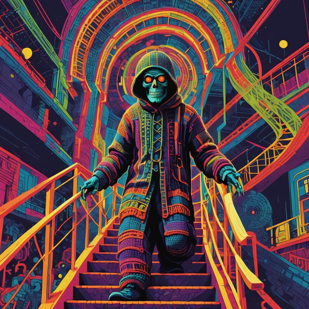 Knitted Boogey Man on Stairs as Pop Art