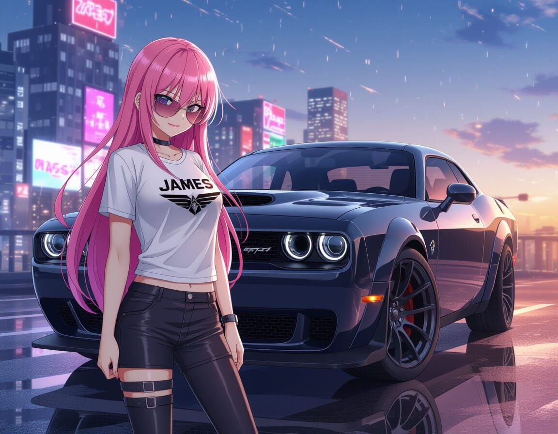 Anime Girl Poses With Dodge Hellcat in Cityscape