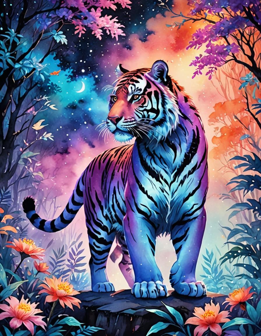 Divine Tiger Portrait in Bioluminescent Jungle Art