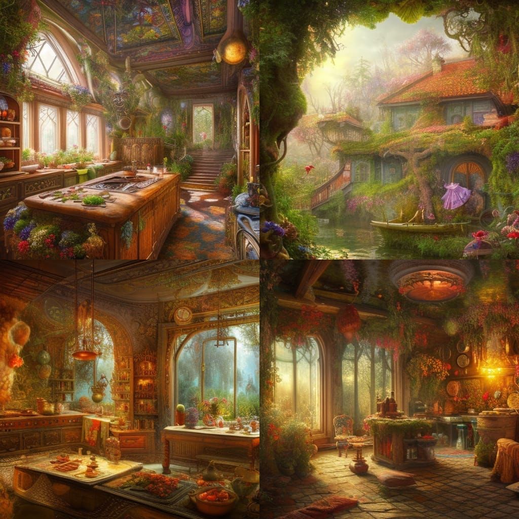 Hyperrealistic Russian Garden Treehouse with Wildflowers