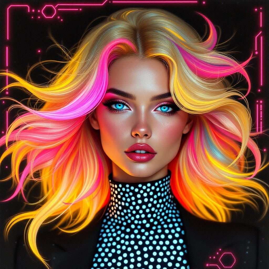 Dreamlike Cyberpunk Goddess in Hypnotic Polka Dot Techno Haz...