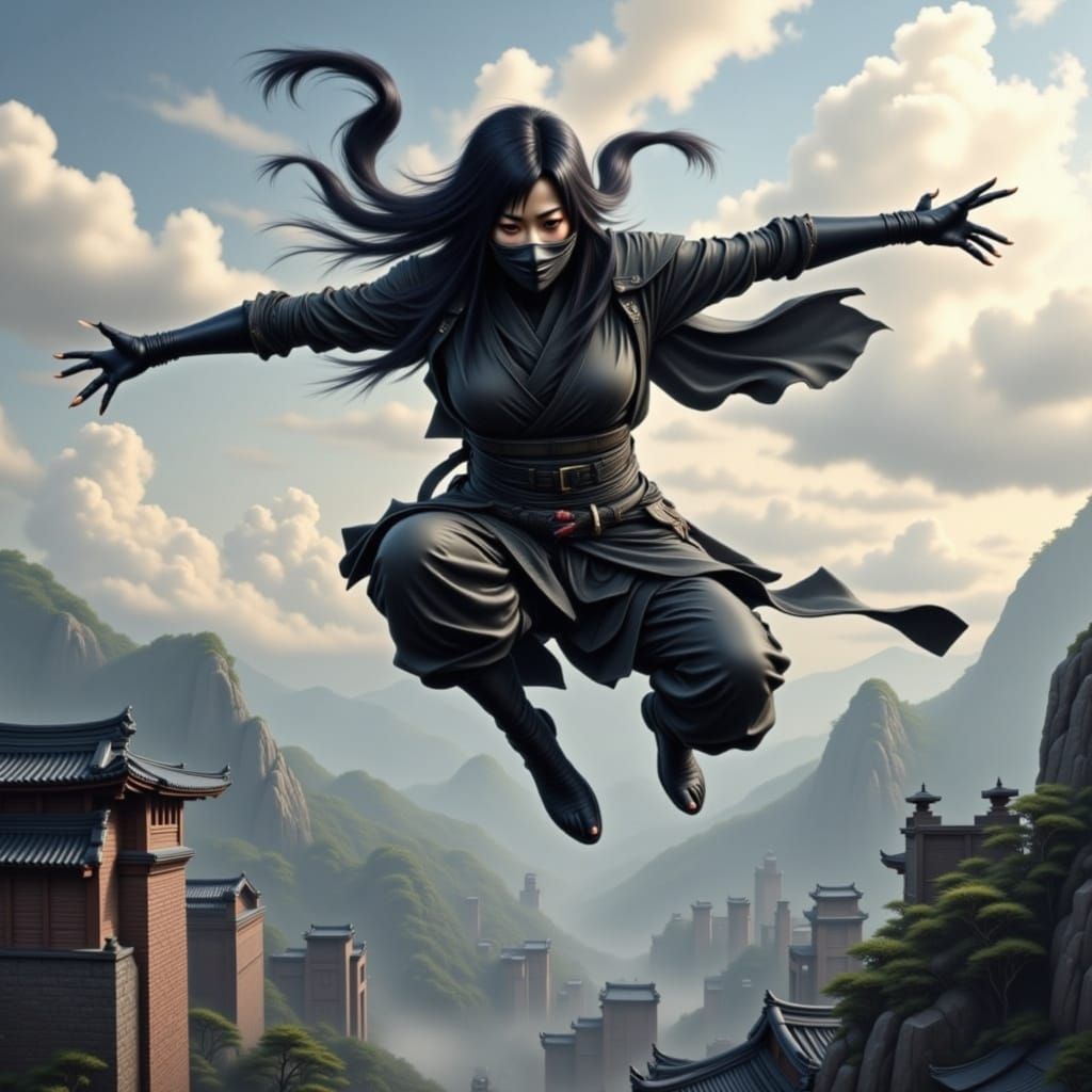 Female Ninja Leaping Between Rooftops in Dynamic Action