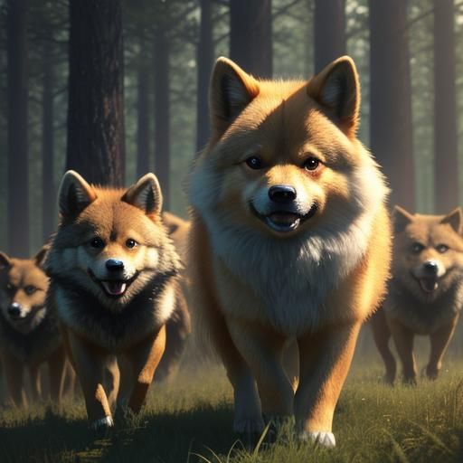 Pomeranian Dog Surrounded by Wolves: Digital Concept Art