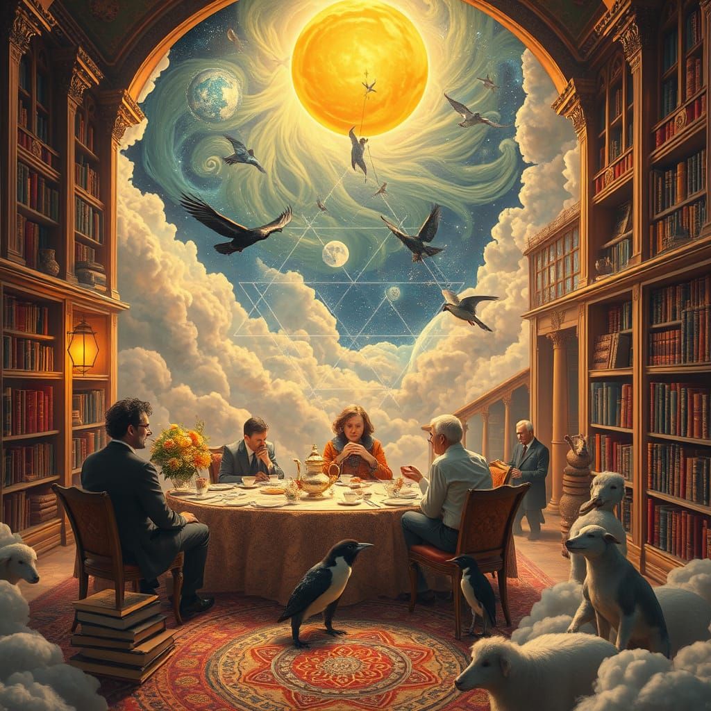 Surreal Tea Party in a Cosmic Library: Maximalist Art