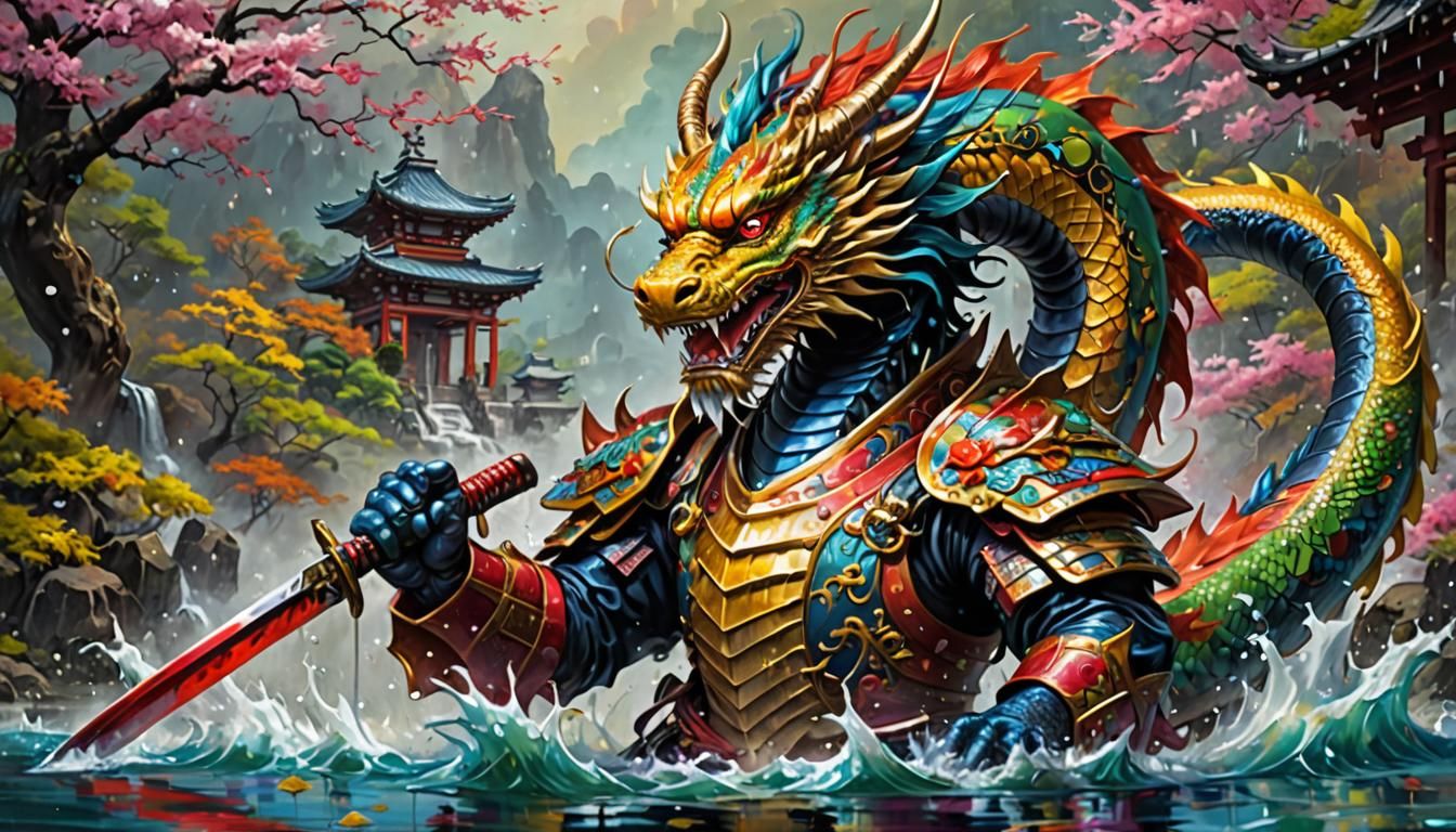 Japanese Dragon in Colorful Armor with Katana