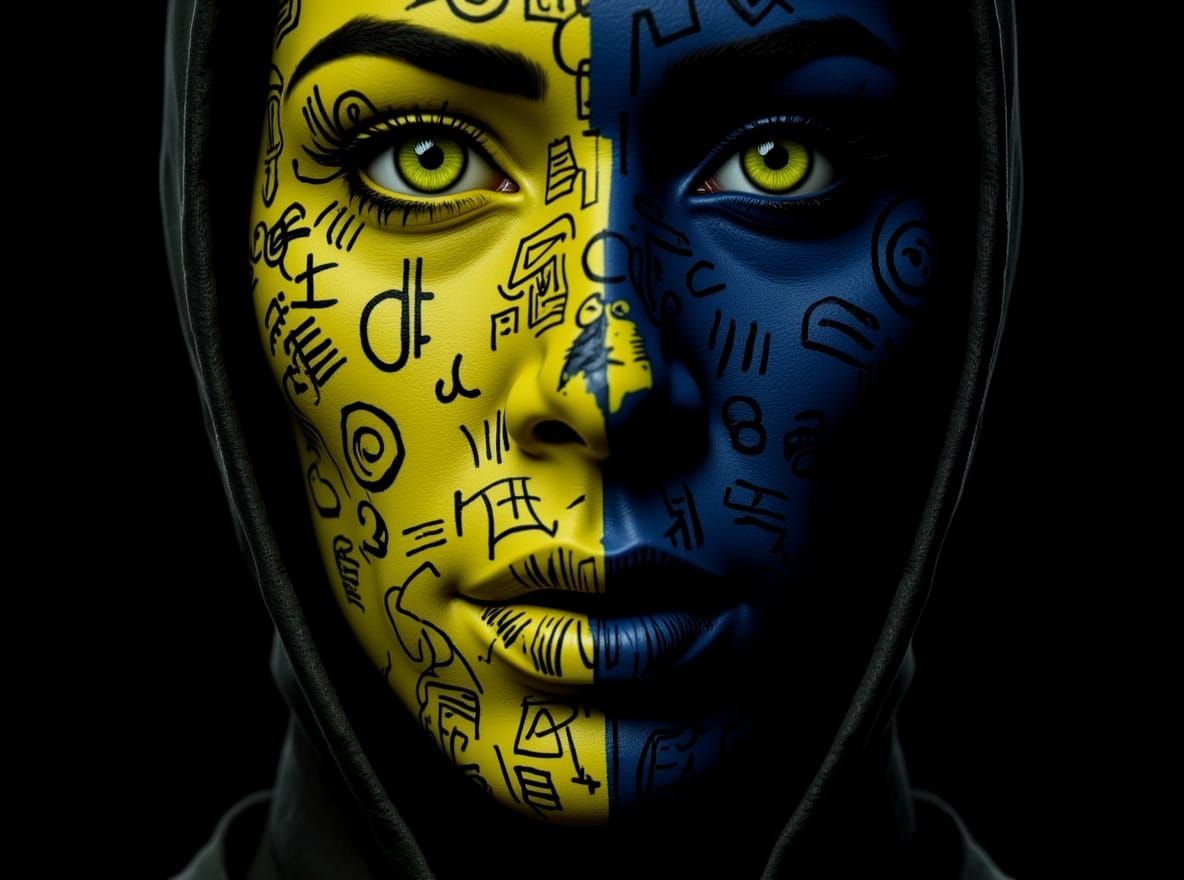 Face with Intricate Patterns and Mechanical Elements