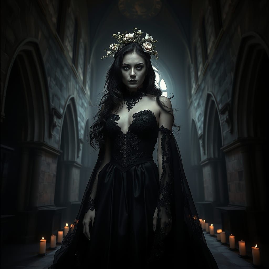 Gothic Woman in Dark Chamber: Evocative Photography