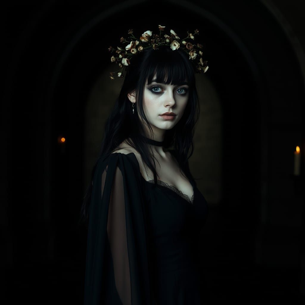 Gothic Woman in Victorian Dress in Dark Chamber