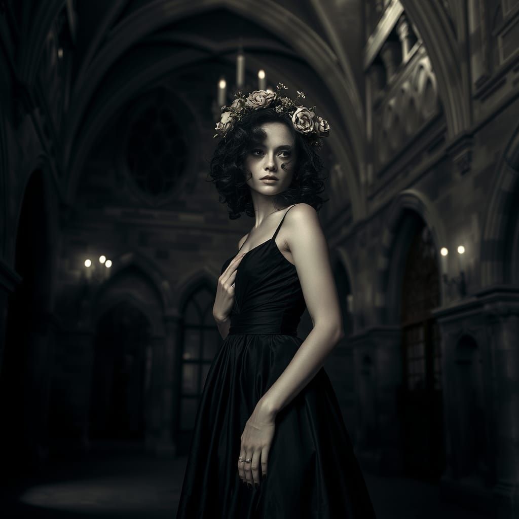 Gothic Woman in Stone Chamber: A Dark Romantic Portrait