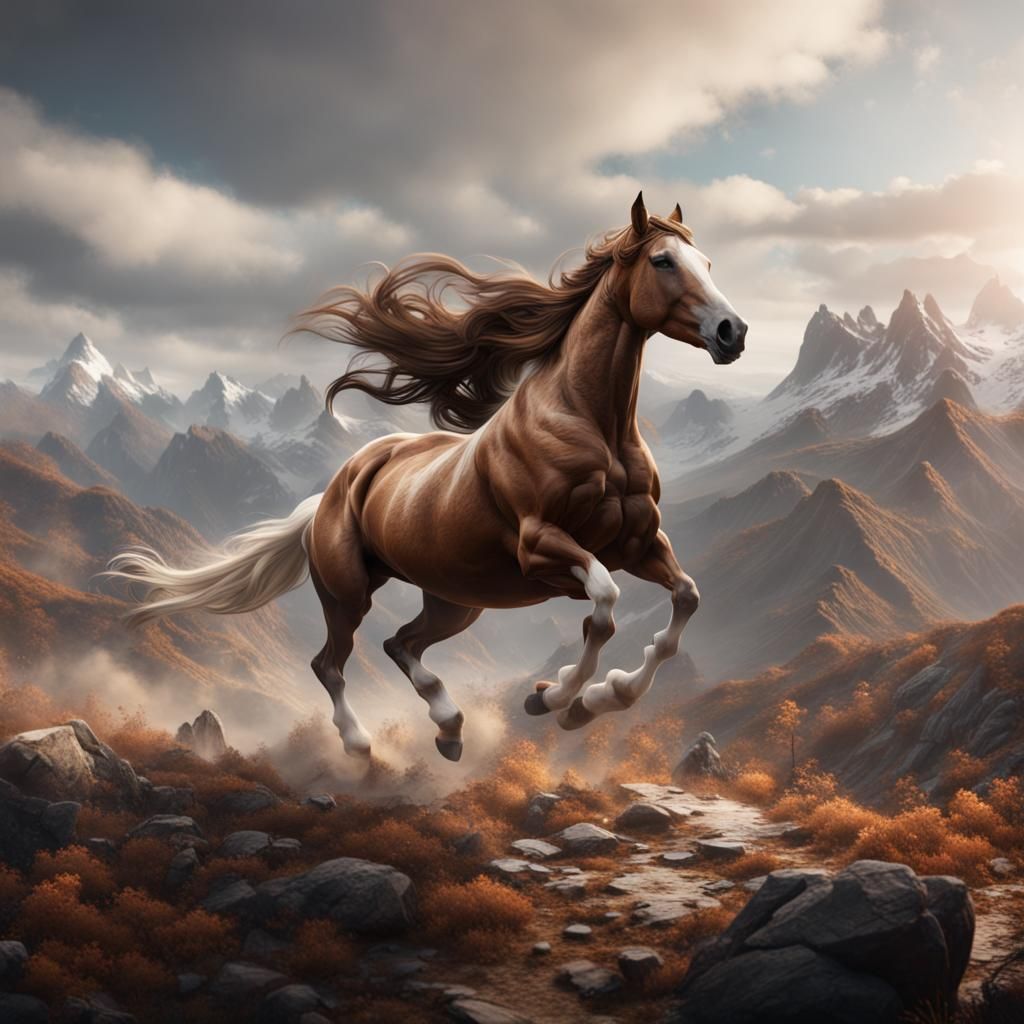 Majestic Horse Galloping on Mountains in Fantasy Art