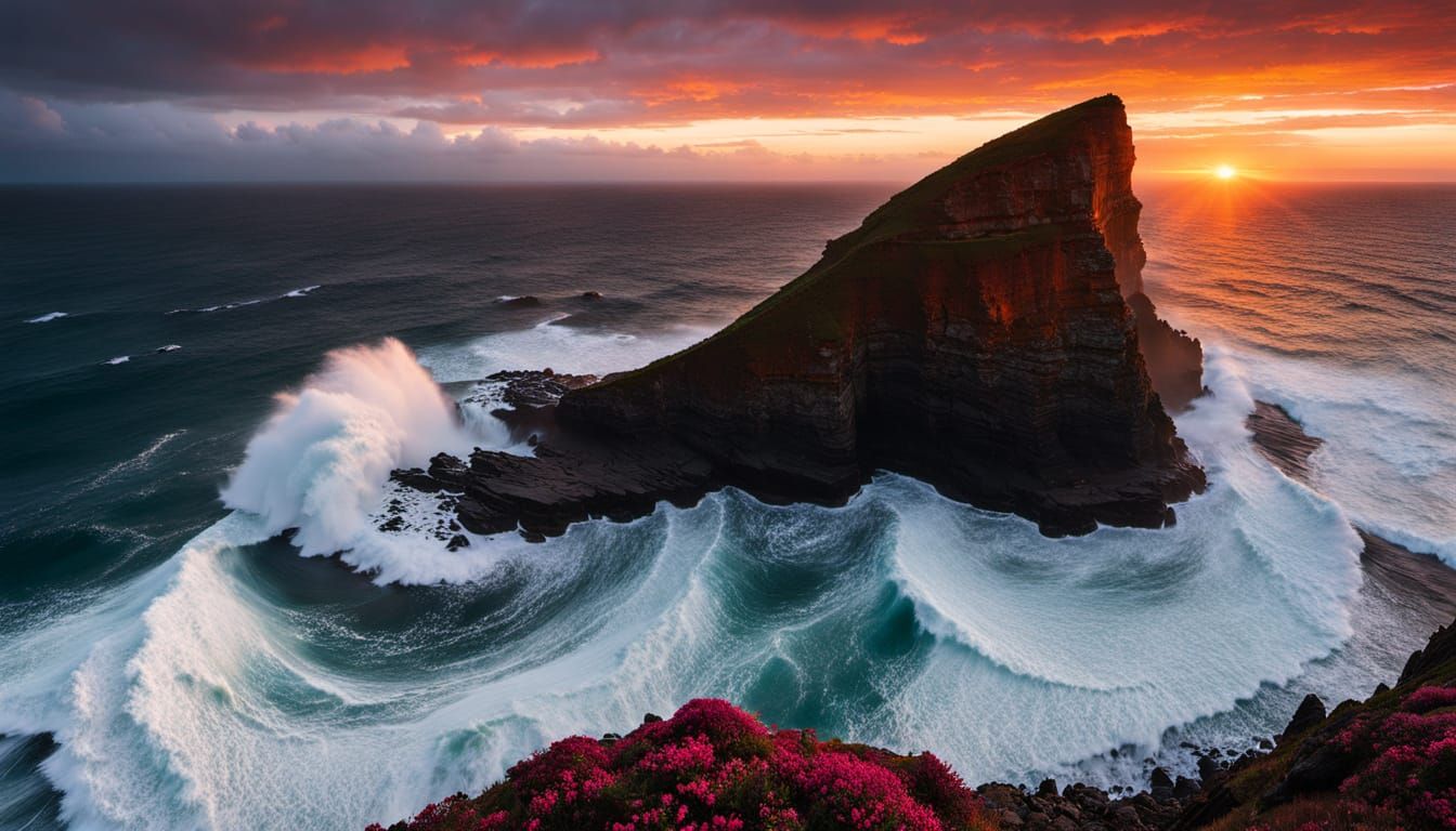 Lonely Cliff Overlooking Fiery Sunset Sea
