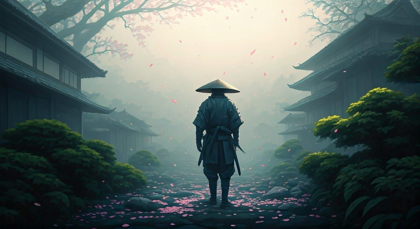 Samurai in Misty Japanese Garden as Ukiyo-e Print