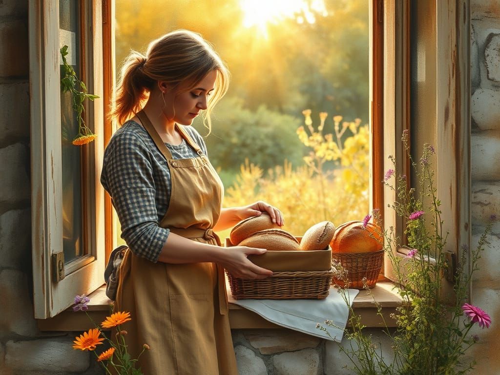 Rustic Baker's Window in Earthy Watercolor Tones