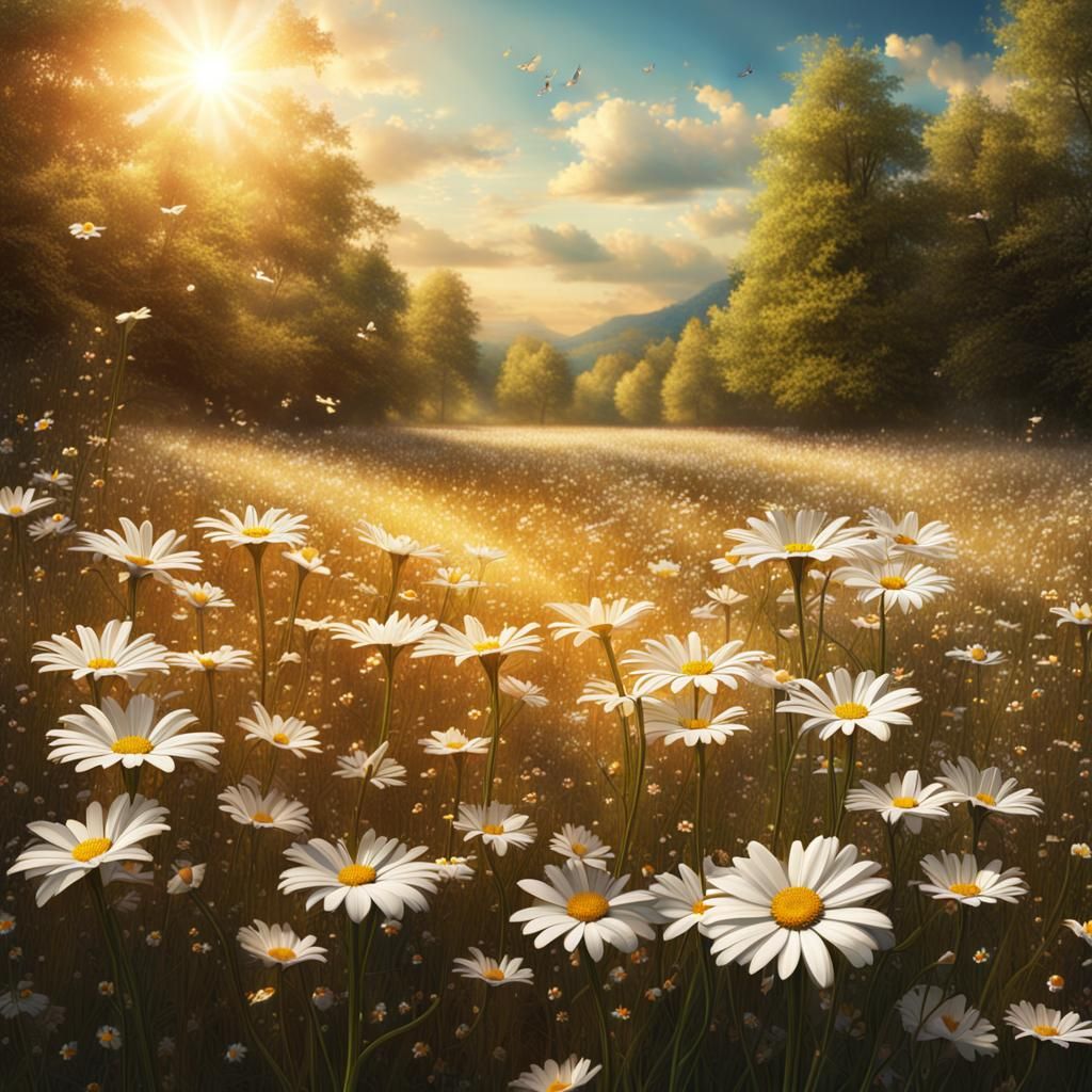 Stained Glass Butterflies in Sunlit Daisy Field