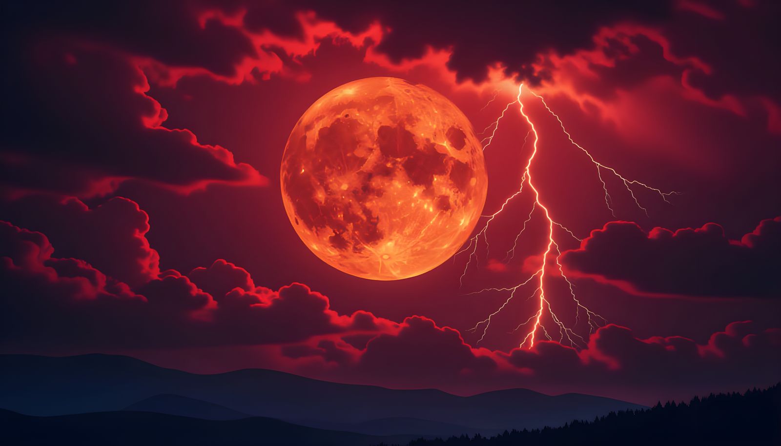 Fiery Red Moon Amidst Stormy Red Night