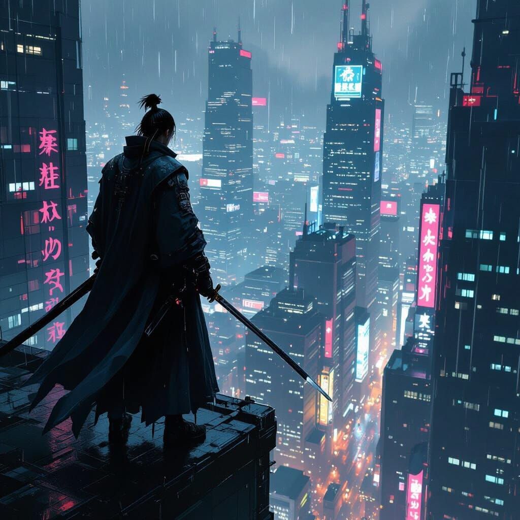 Cyberpunk Samurai in Rain-Soaked Metropolis