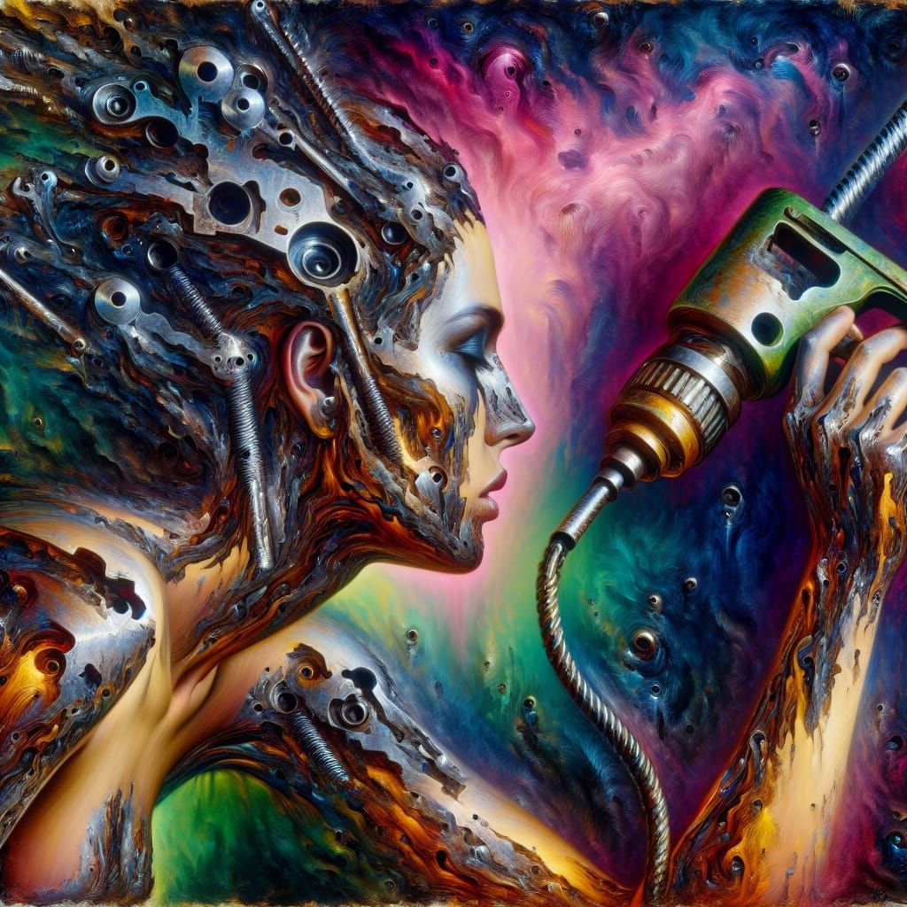 Woman Transforms into Warped Metal Fragments, Dark Gothic Ar...