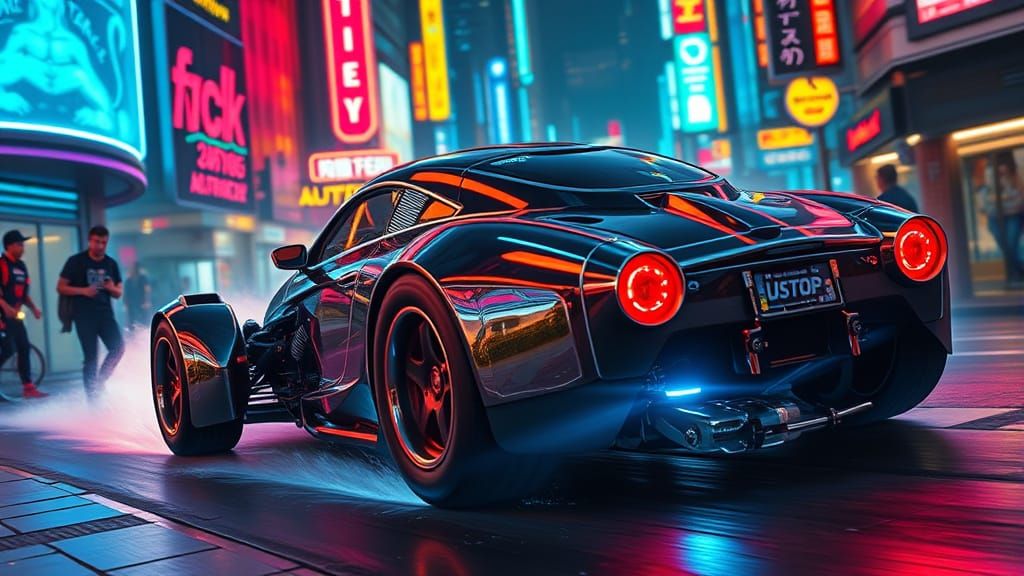 Cyberpunk Hot Rod Speeds Through Neon-Lit Streets