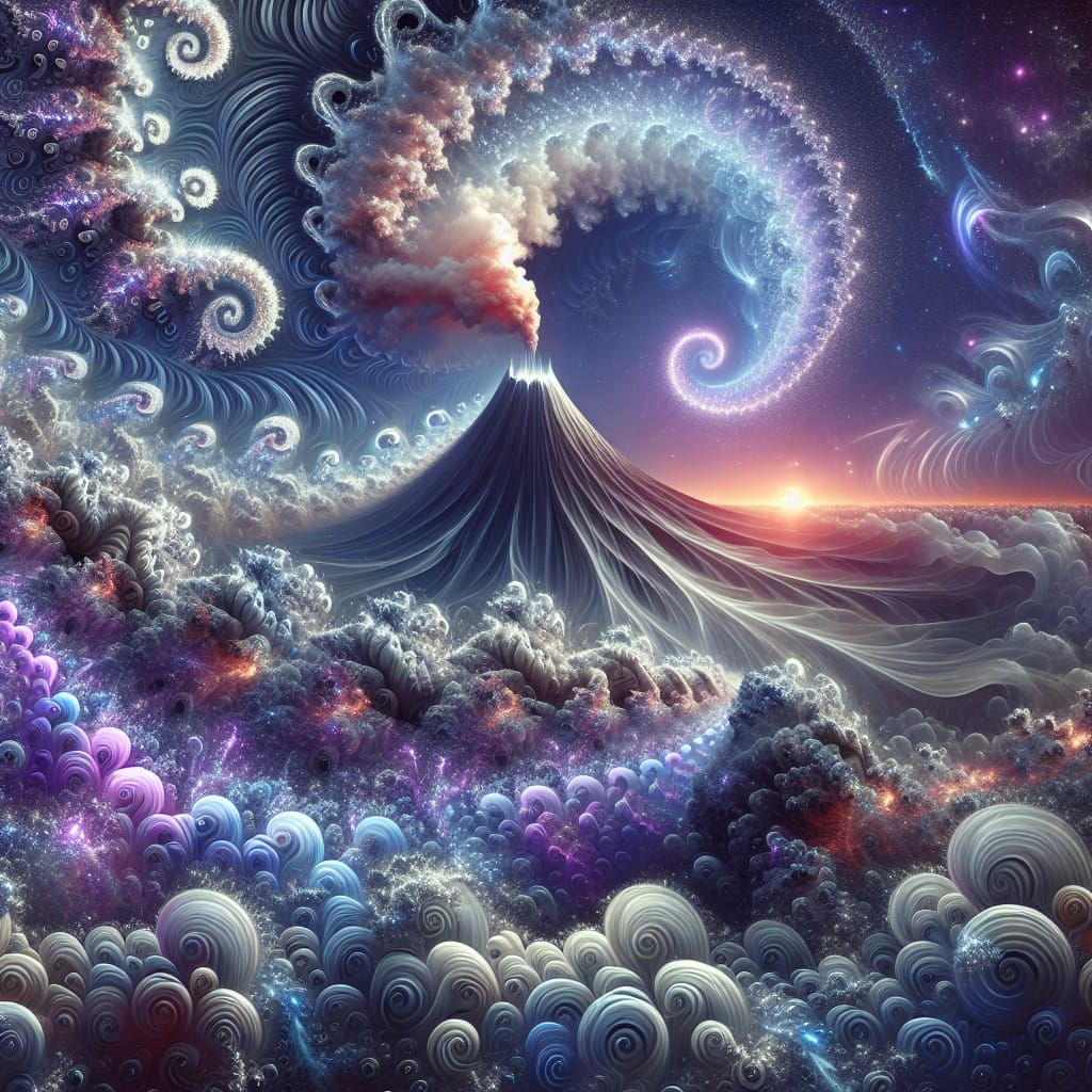 Erupting Volcano with Iridescent Mist, in Abstract Surrealis...