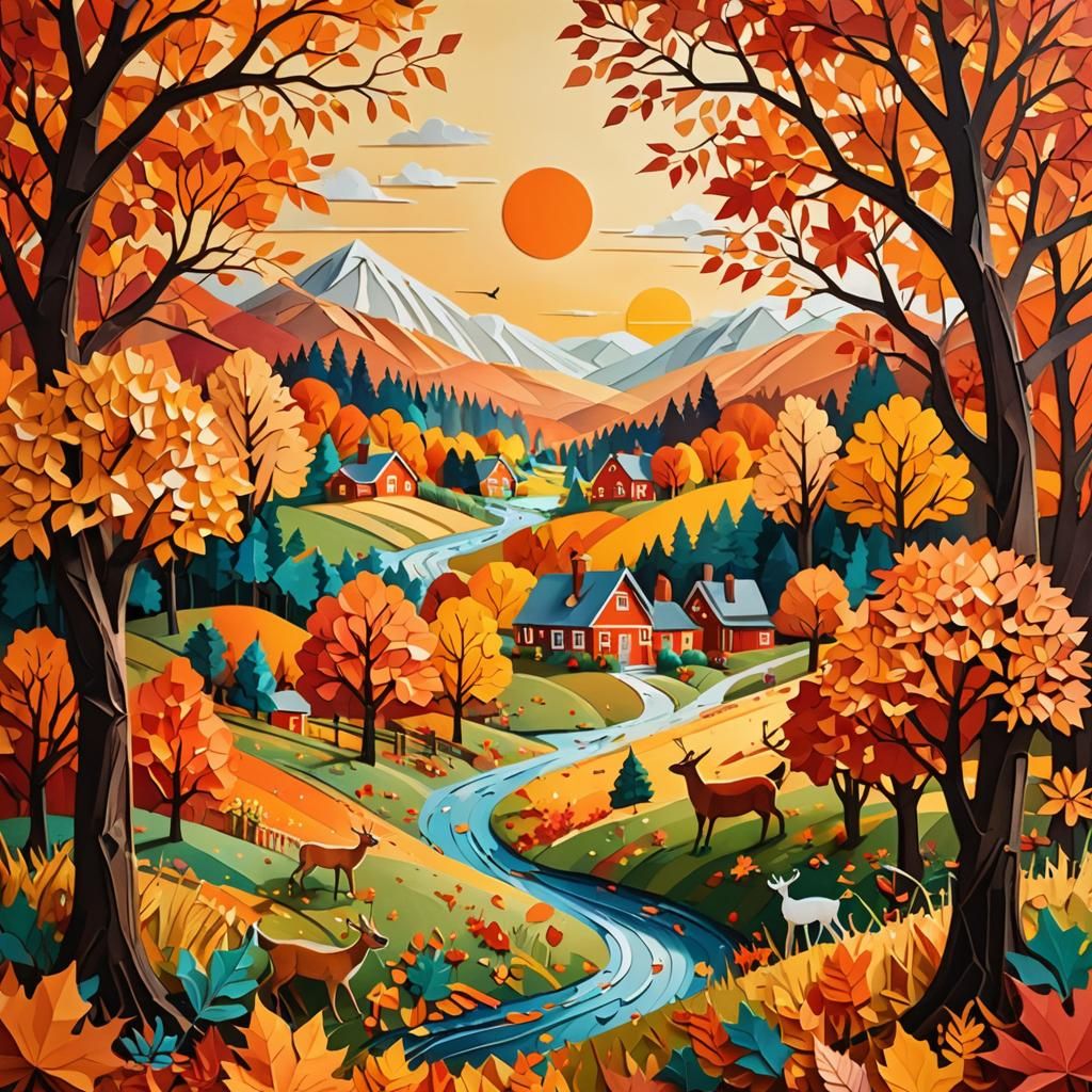 Autumnal Paper Art Landscape with Deer and Cottages