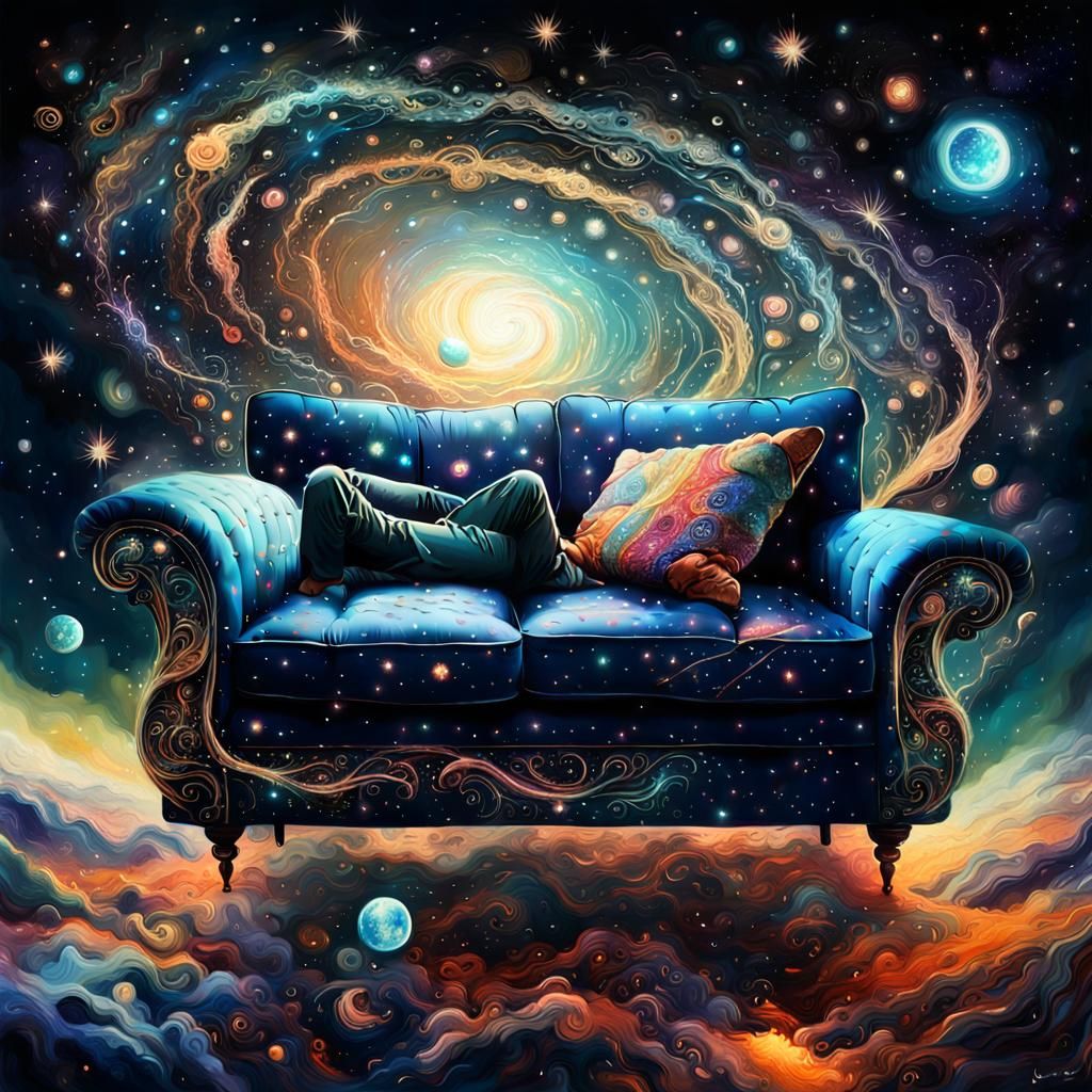 Sofa Flies Through Shattered Cosmos in Impasto Style