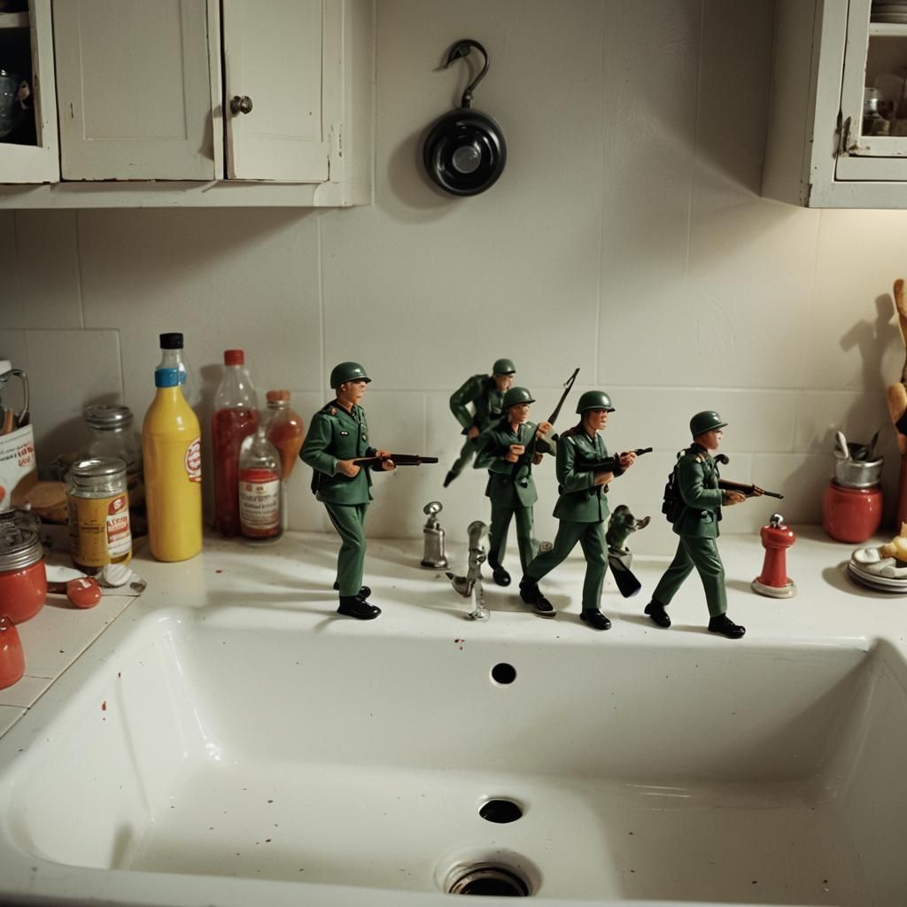 Miniature Soldiers Marching in 1960s Kitchen