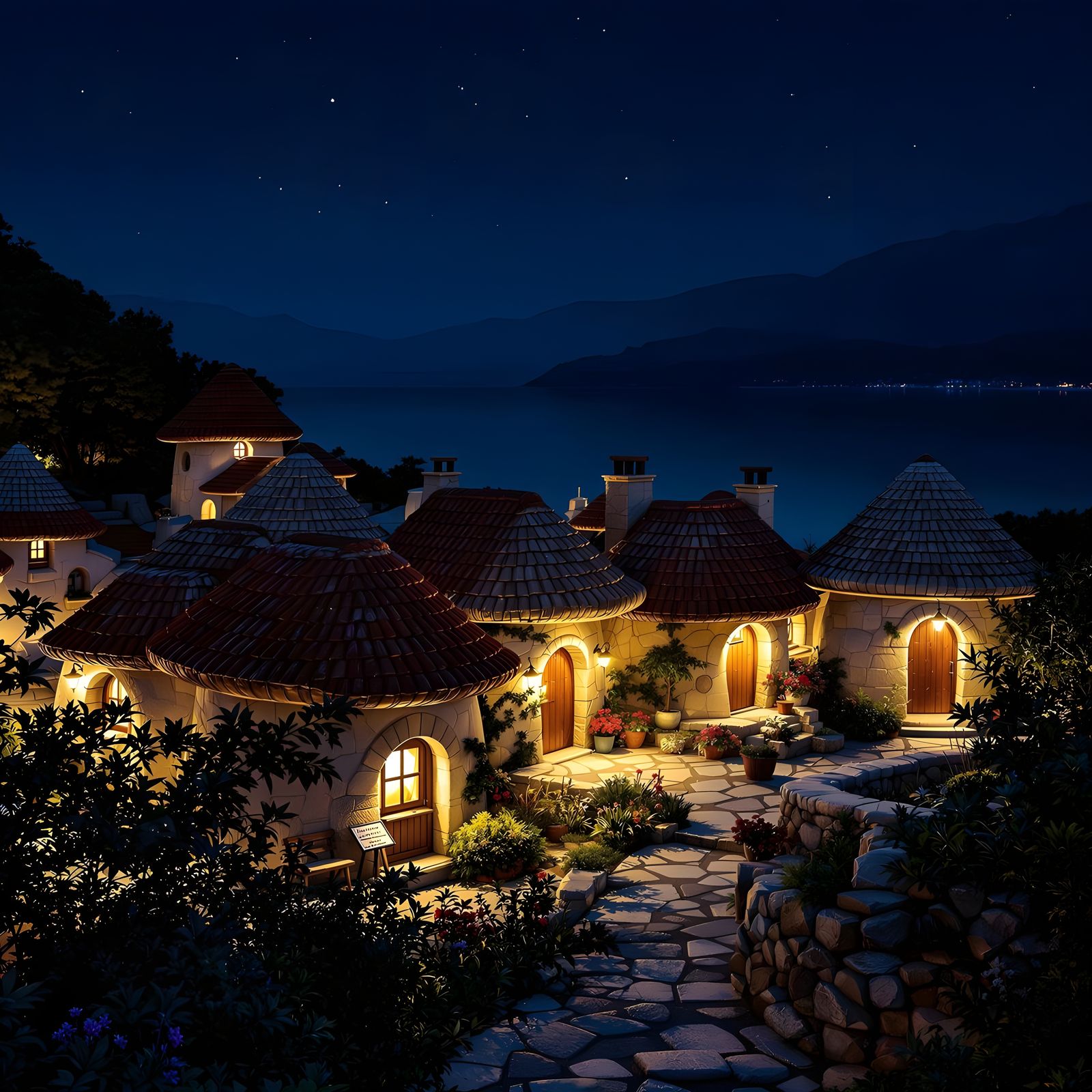 Charming Dalmatian Village at Night in Photorealistic Style