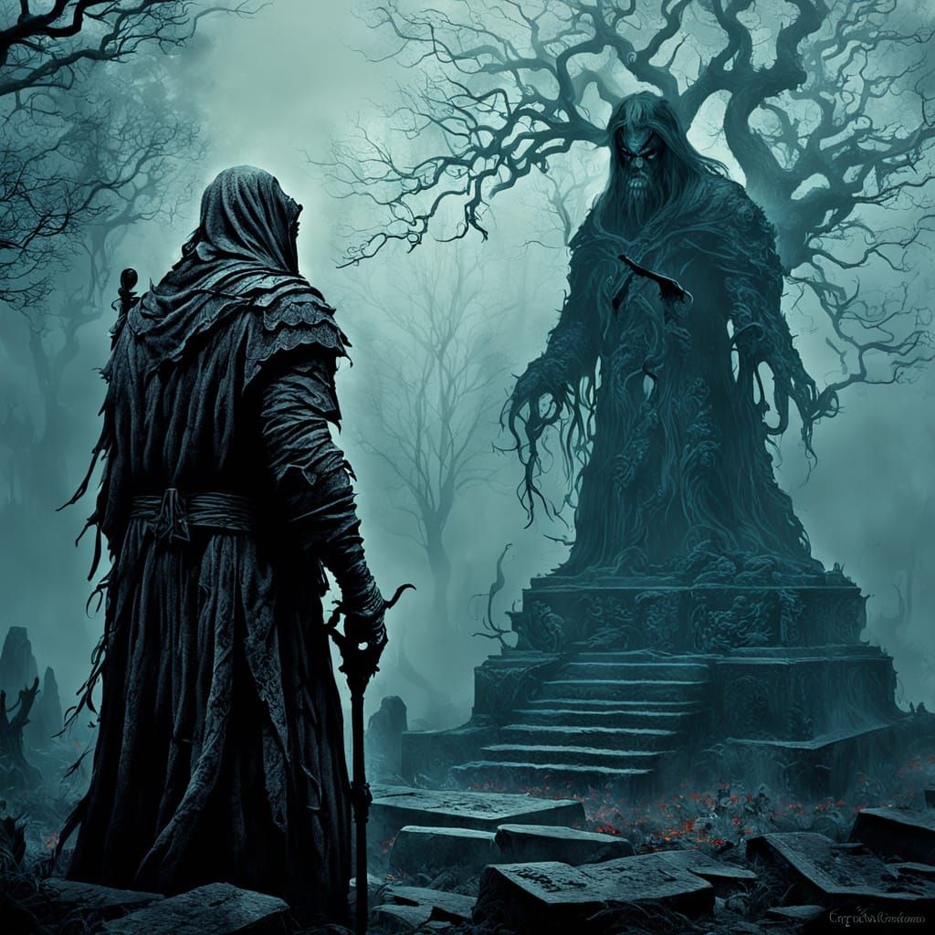 Spectral Warrior Emerges from Fog, Dark Fantasy Art