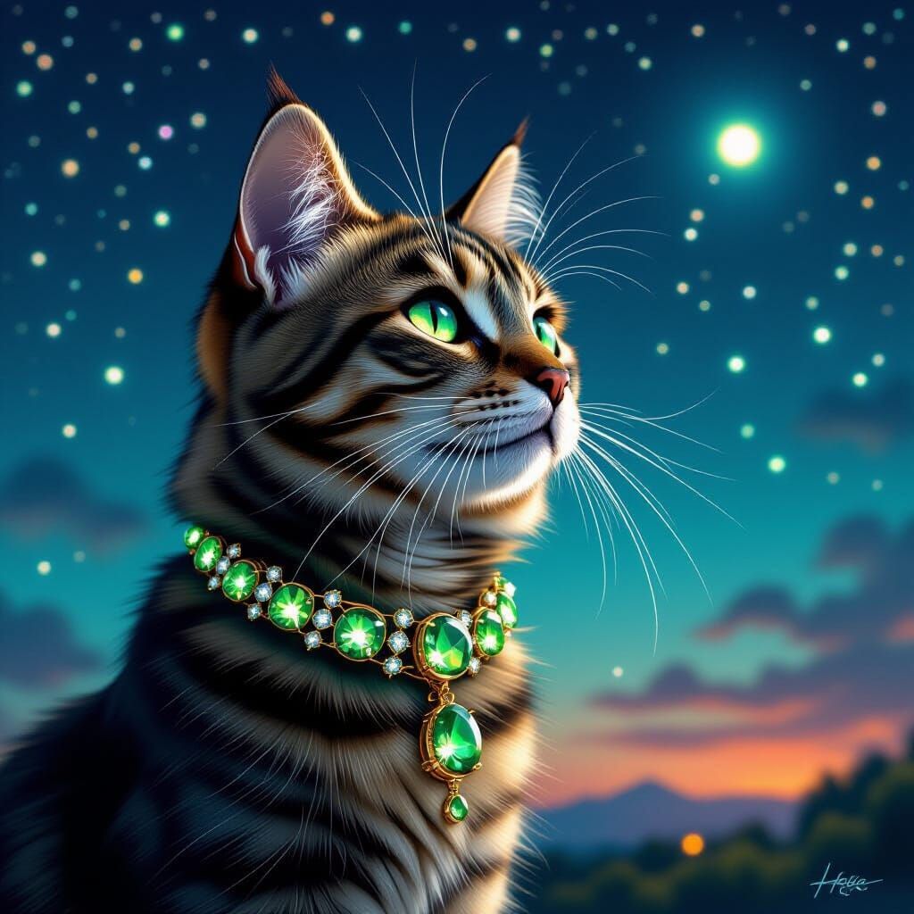 Emerald Cat Observes Neon Starry Night