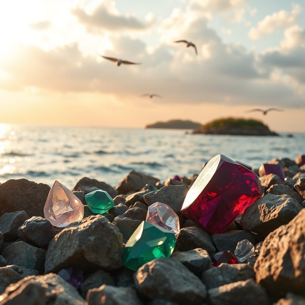 Gemstones on Coastline at Sunset, Hyperrealistic 8K