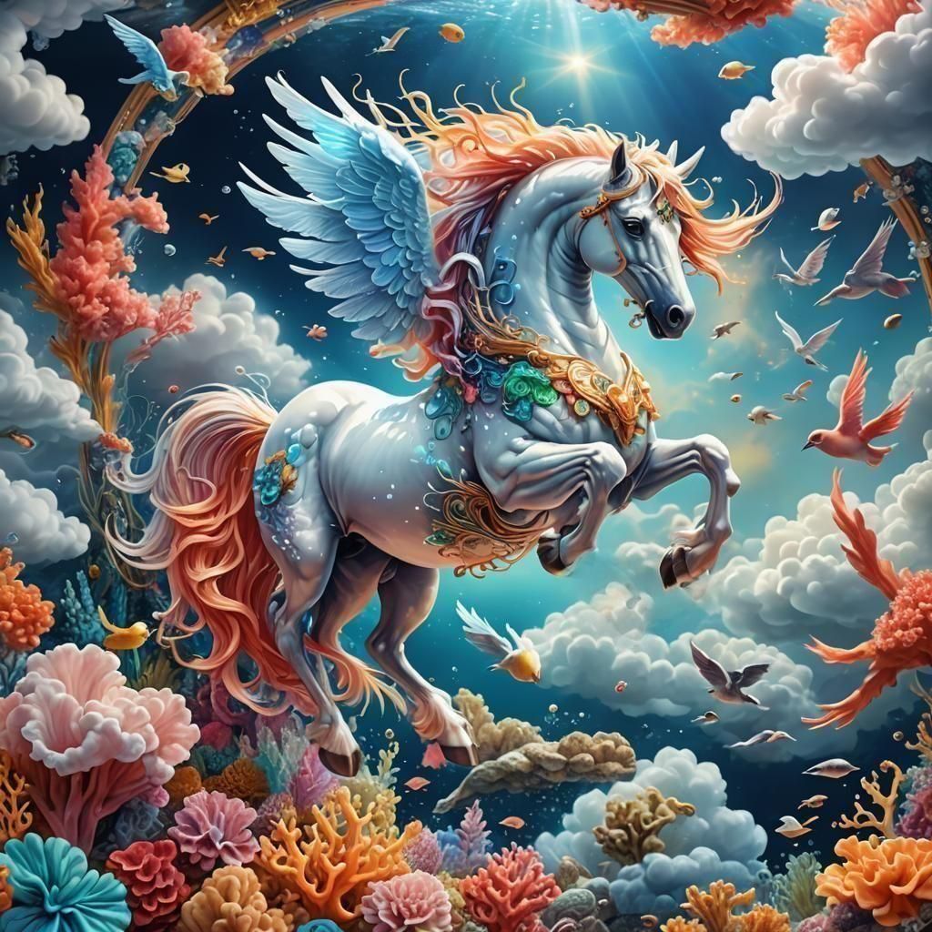 Cloud Pegasus Underwater Fantasy in Colorful Realism