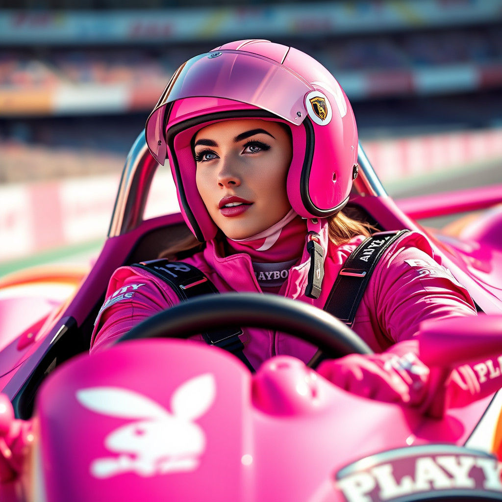 Playboy Model in Pink Race Car, Futuristic Design