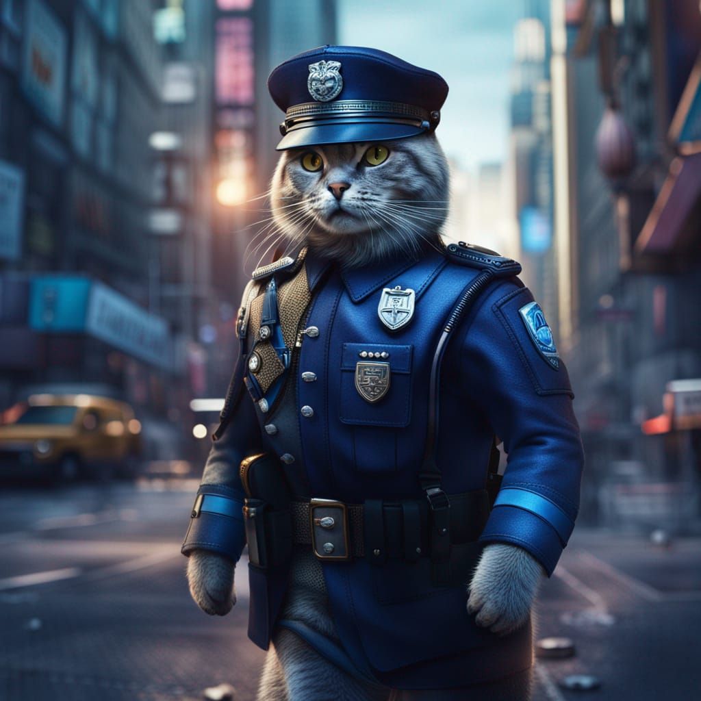 Humanoid Cat Policeman Patrolling the Streets
