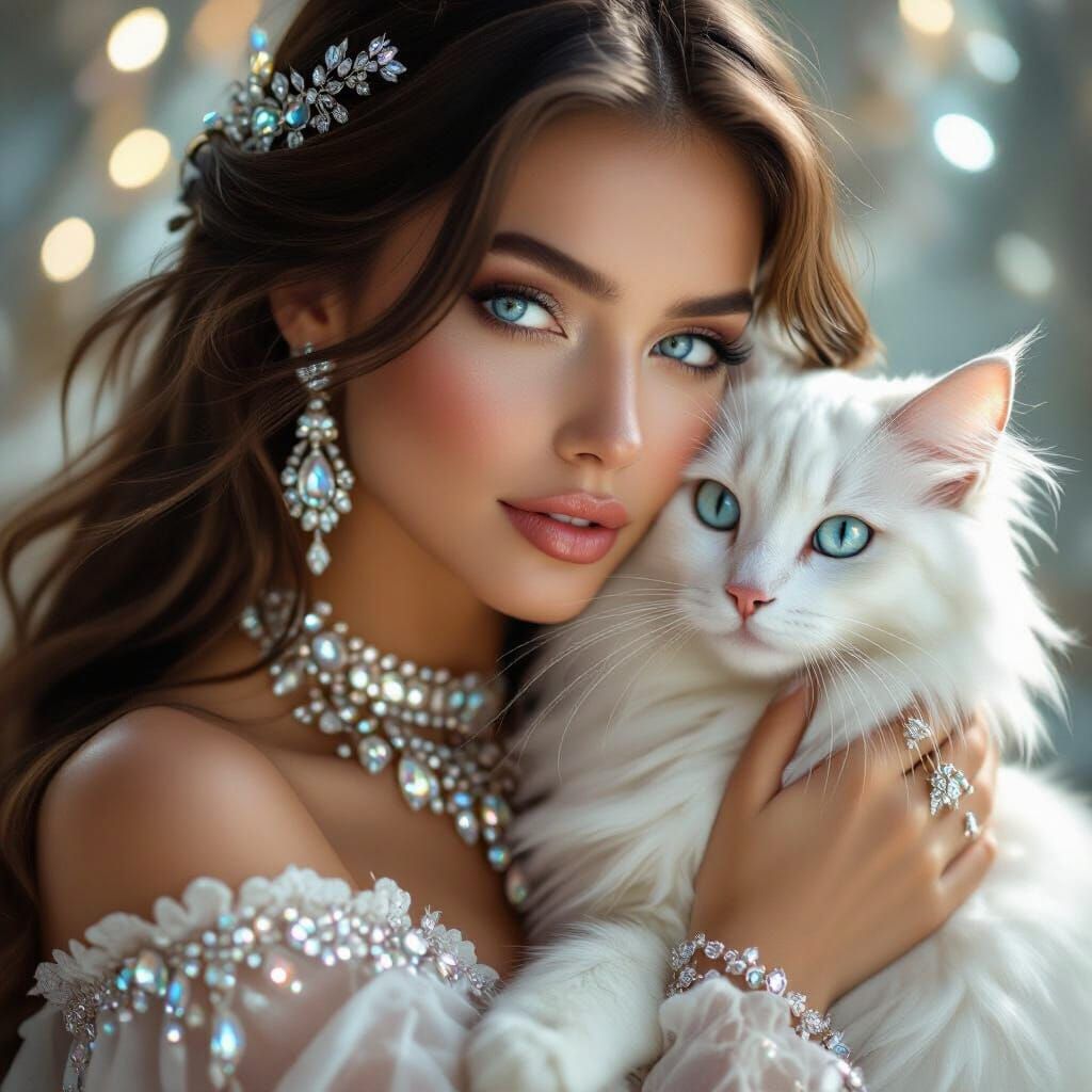 Woman with Crystal Jewelry and White Cat