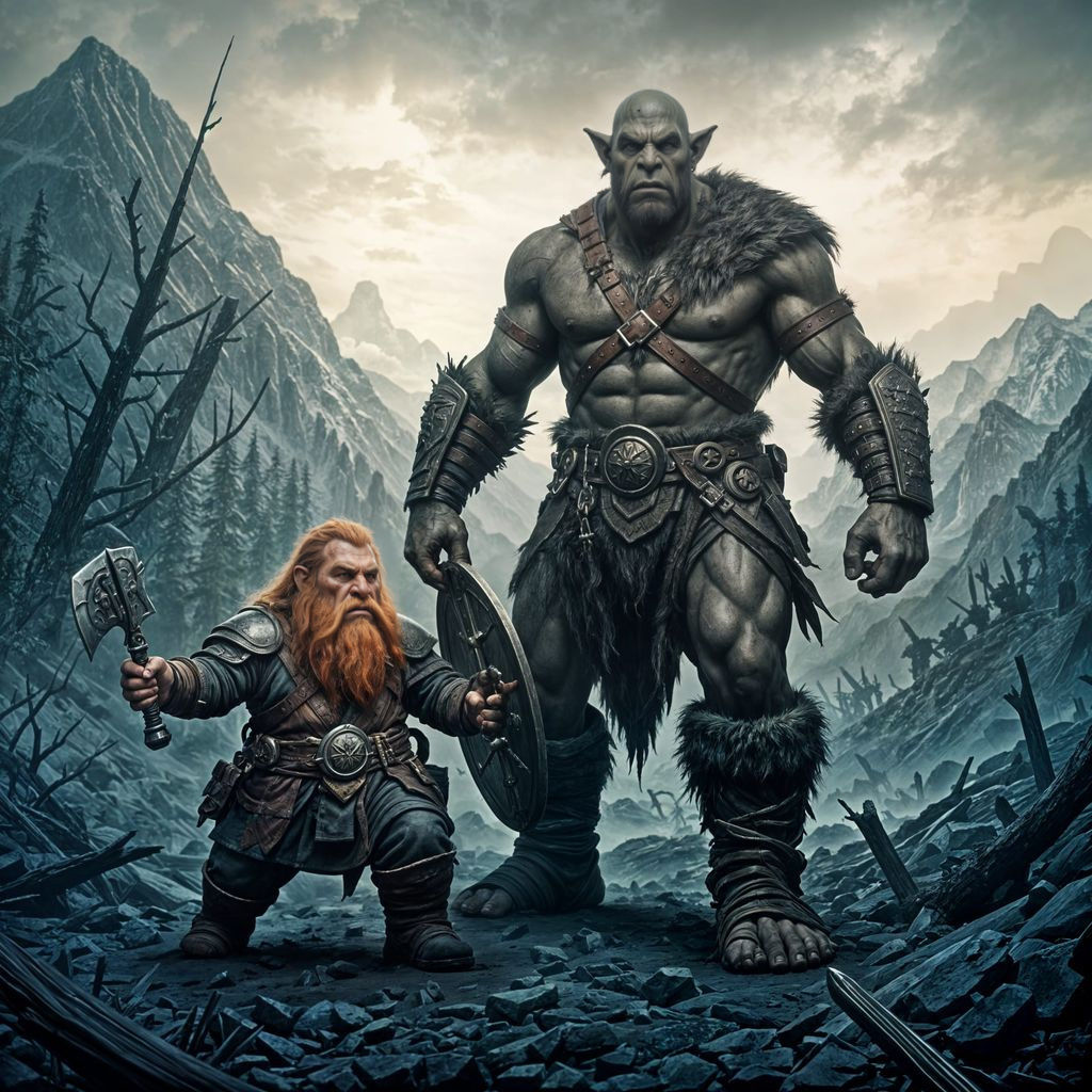 Dwarf and Orc Duo on a Scenic Battlefield