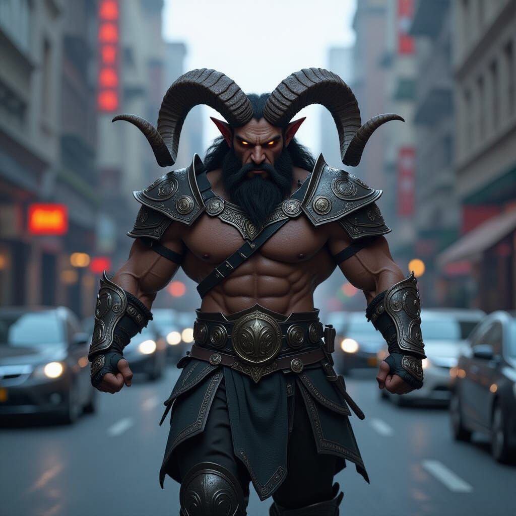 Anthropomorphic Ram Warrior Charging Through City Street
