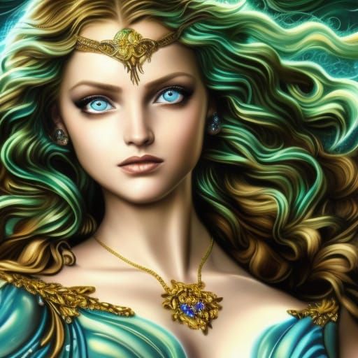 Beautiful Aphrodite with Blue Eyes in Matte Painting