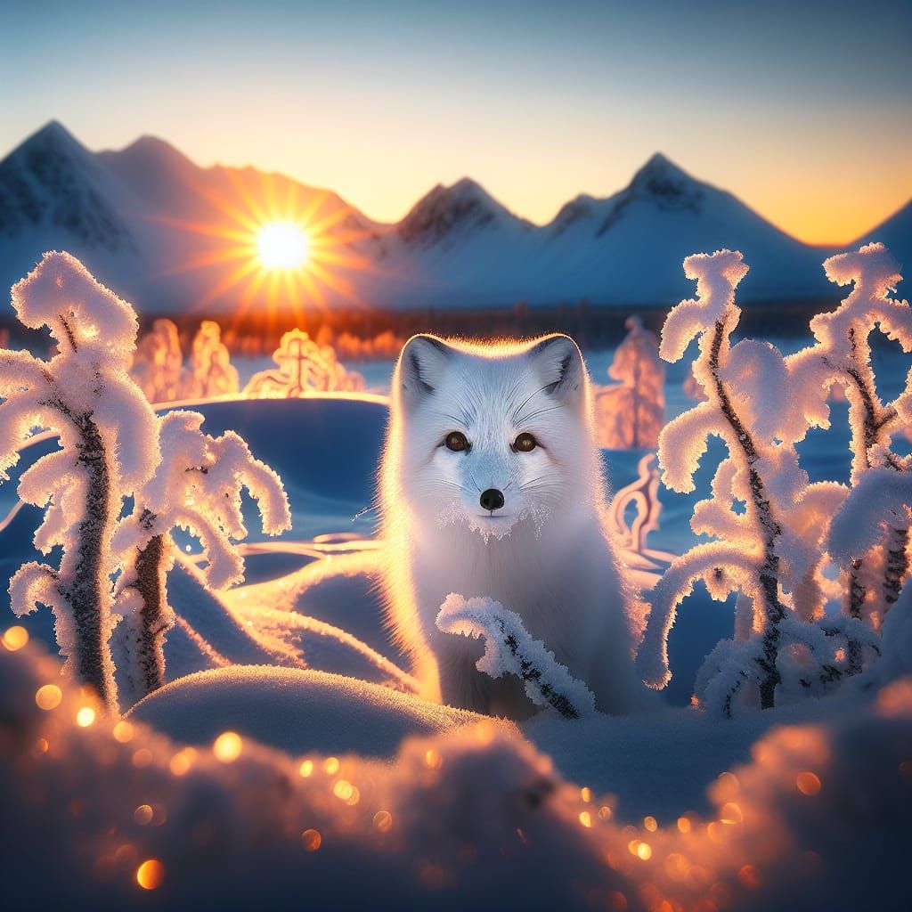 Winter Fox Eye Contact in Snowy Sunset