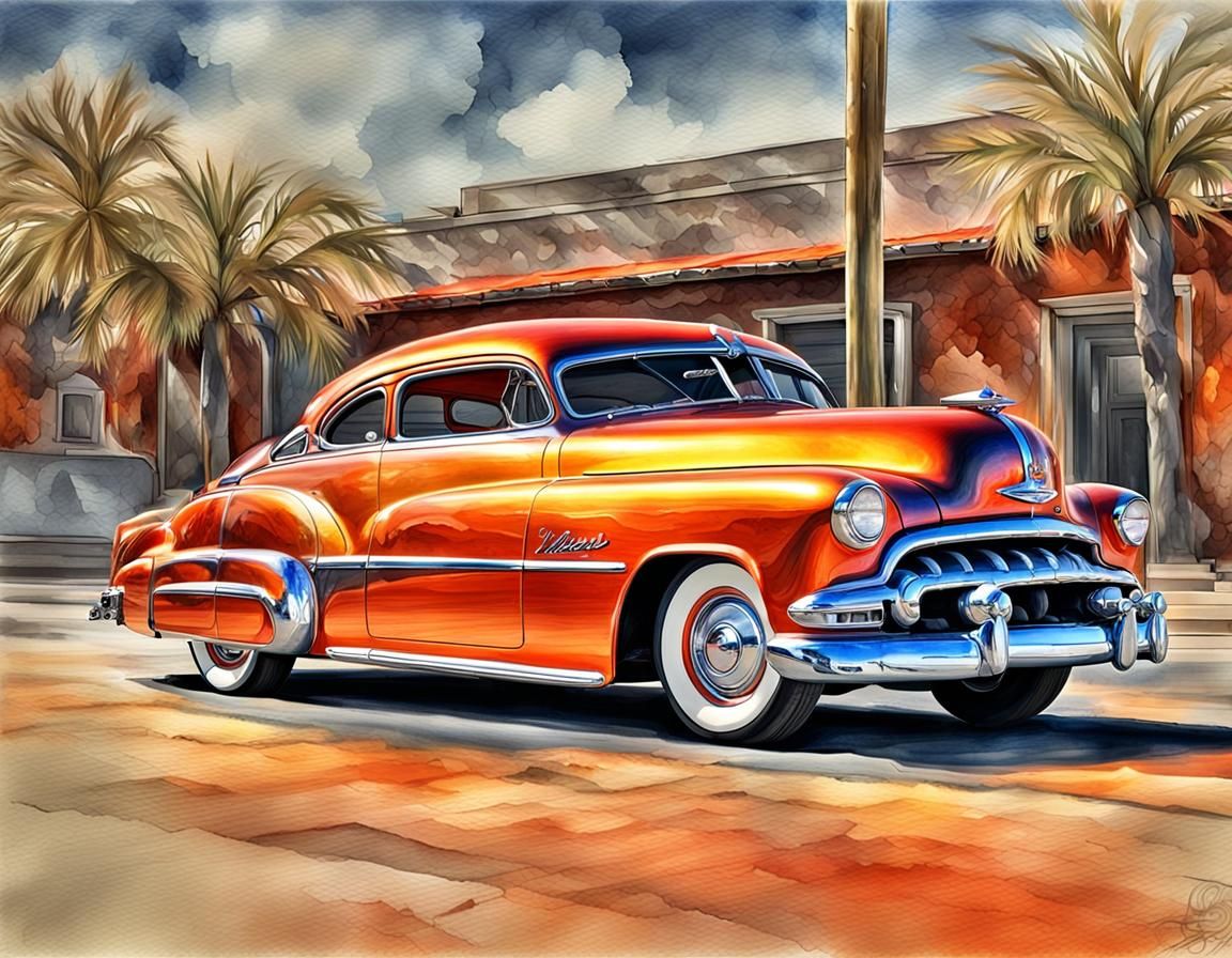 Iridescent Orange Oldsmobile Hot Rod in Watercolor Style