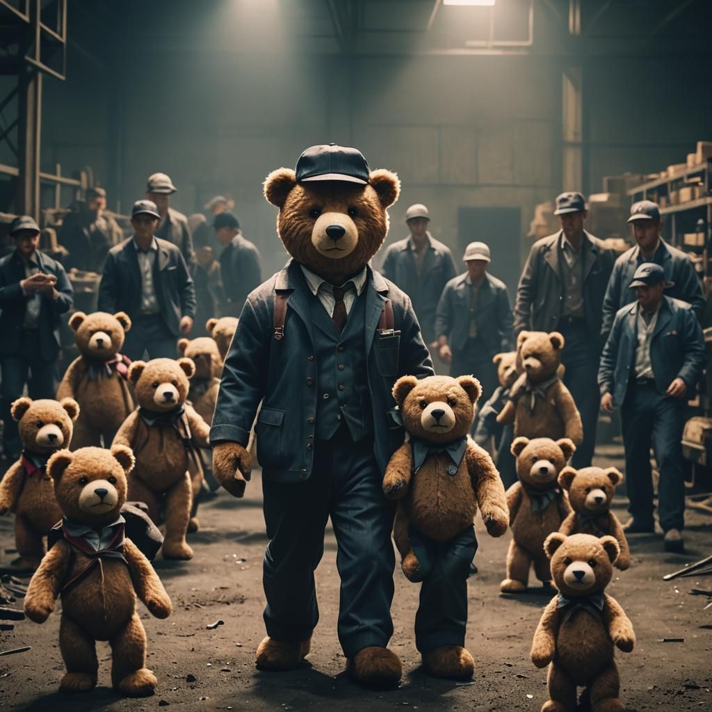 Teddy Bears in Various Outfits: Cinematic Film Still