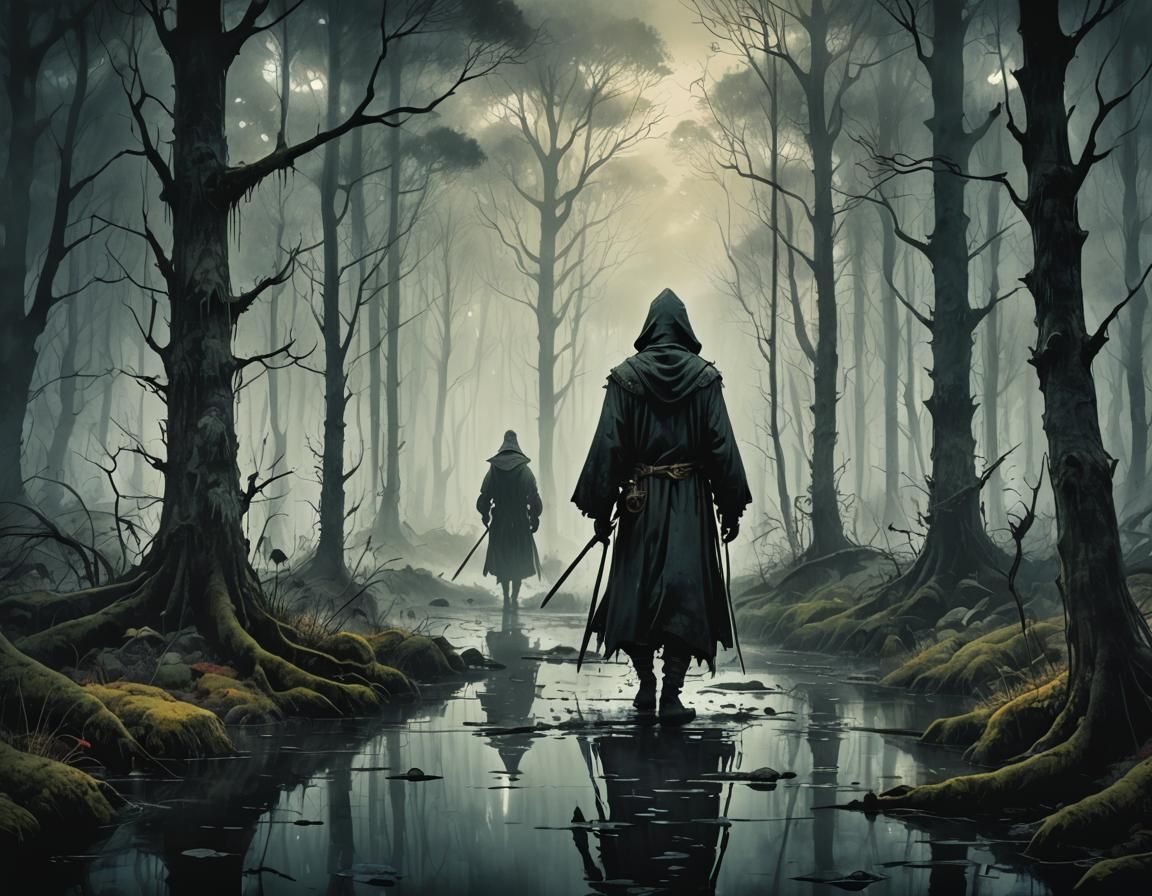 Dark Spirits Roam a Misty Forest in Watercolor